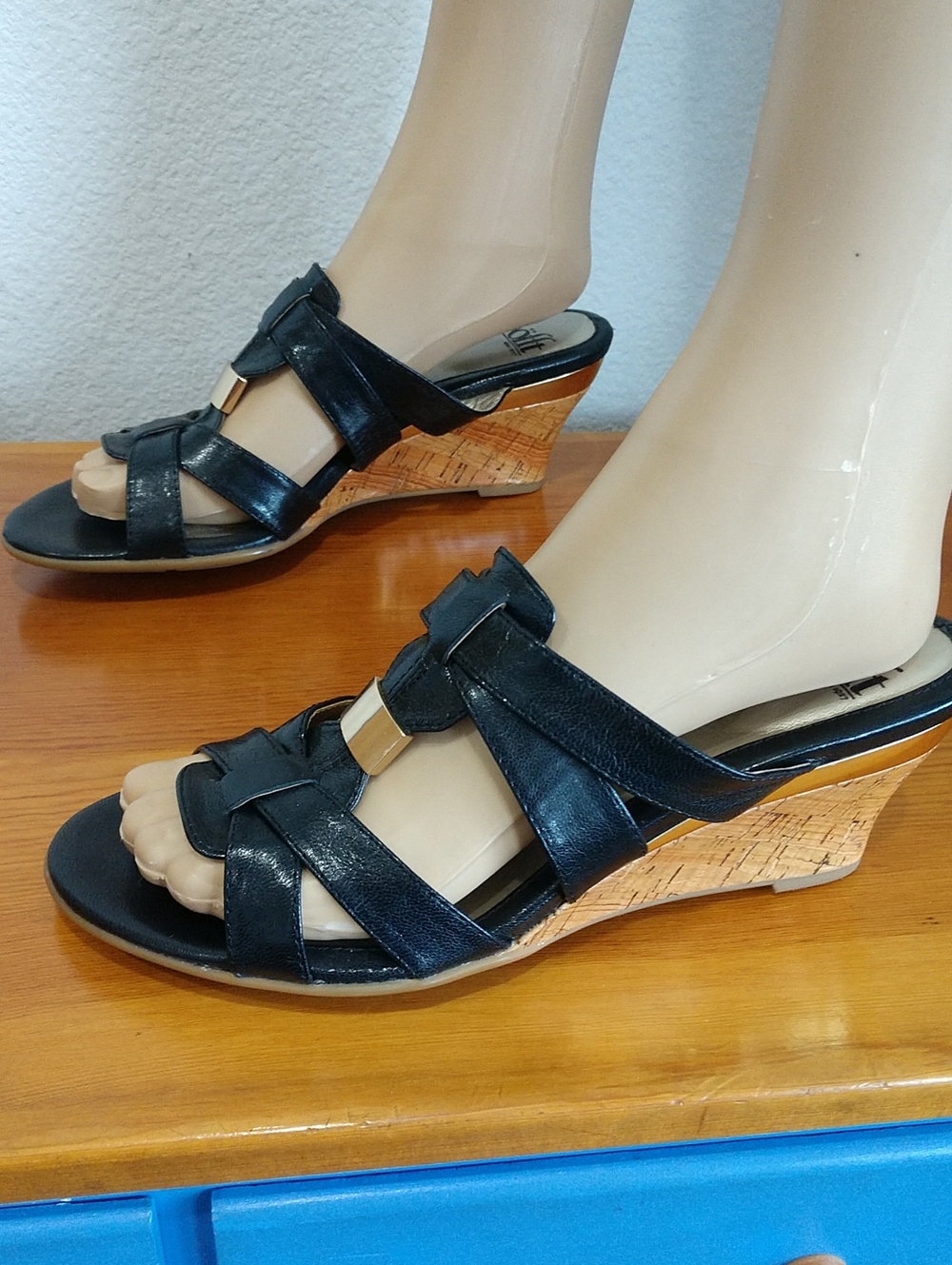Sofft Black Leather Wedge Slide Sandals with Cork Wedge